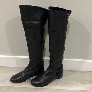 Italian Genuine Leather Over the Knee boots with Fur Accent & Golden Zipper